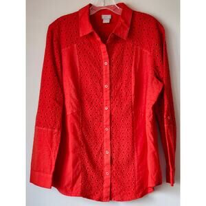 Chicos Eyelet Orange Cottagecore Lagenlook Button Front Shirt Size L A0014